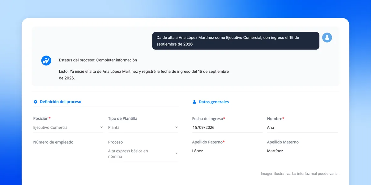 Alta de empleados con el agente de IA de Workbeat: conversación y formulario de alta